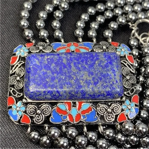 Hanmdade Bracelet Red Blue Enamel Hematite Beads Lapis Lazuli Stone 7" to 8" - Picture 12 of 14